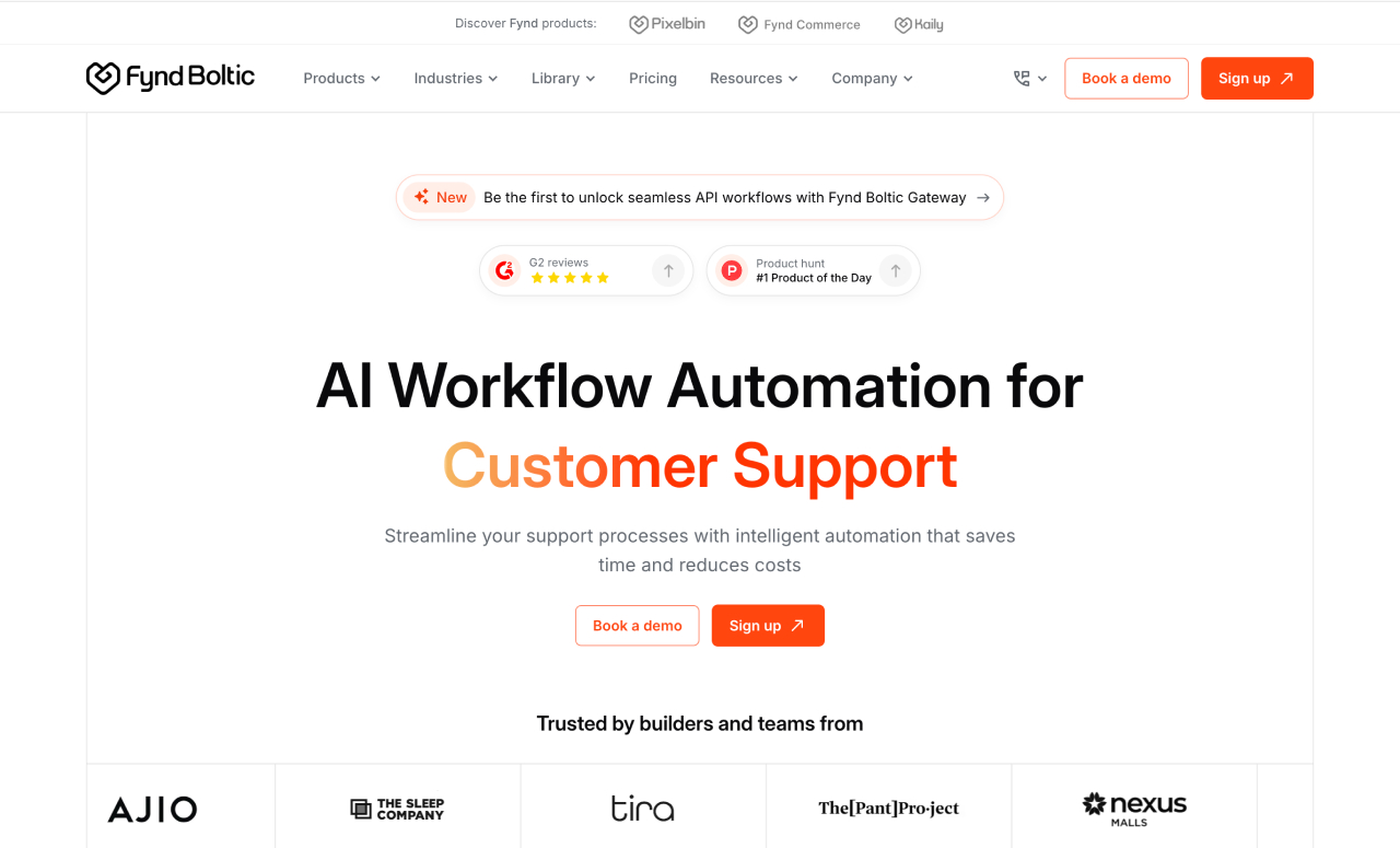 Fynd Boltic AI workflow automation landing page preview with product headline and CTA